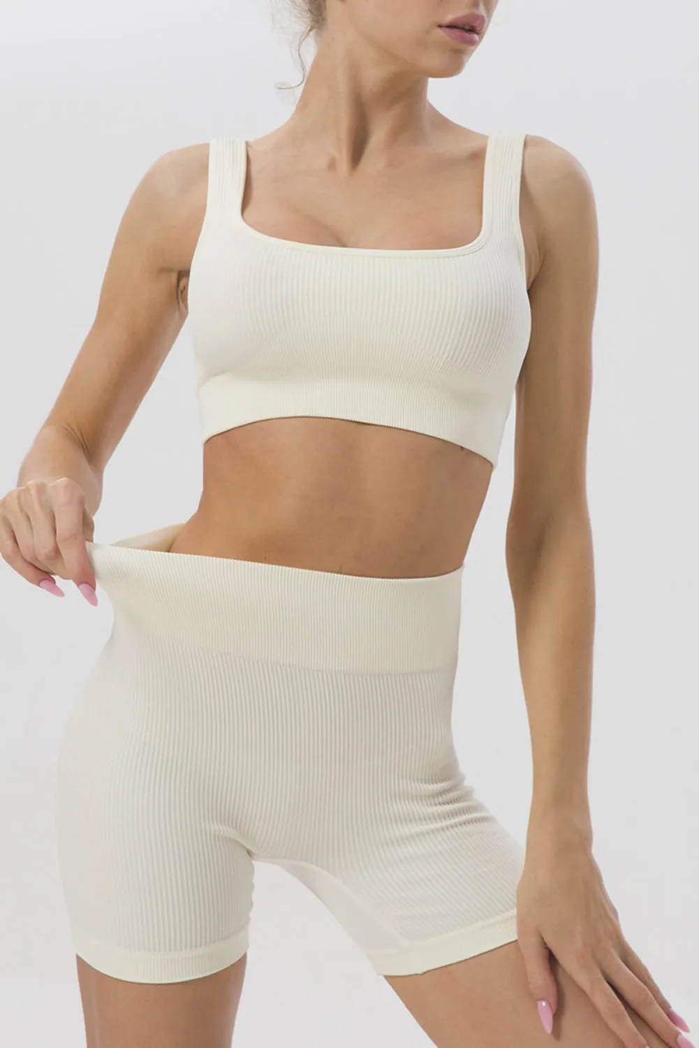 2pcs Solid Color Ribbed Knit Yoga Set