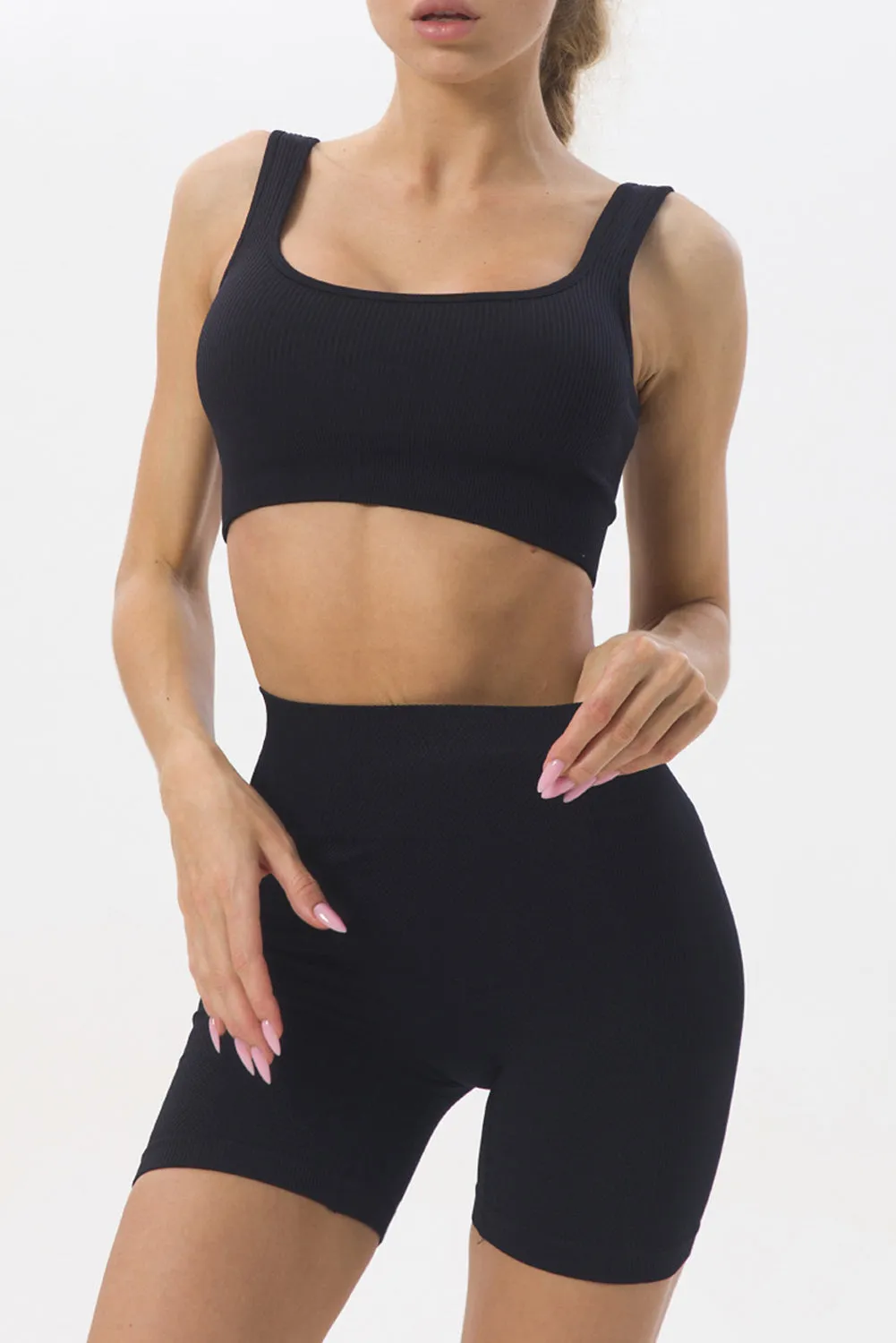 2pcs Solid Color Ribbed Knit Yoga Set