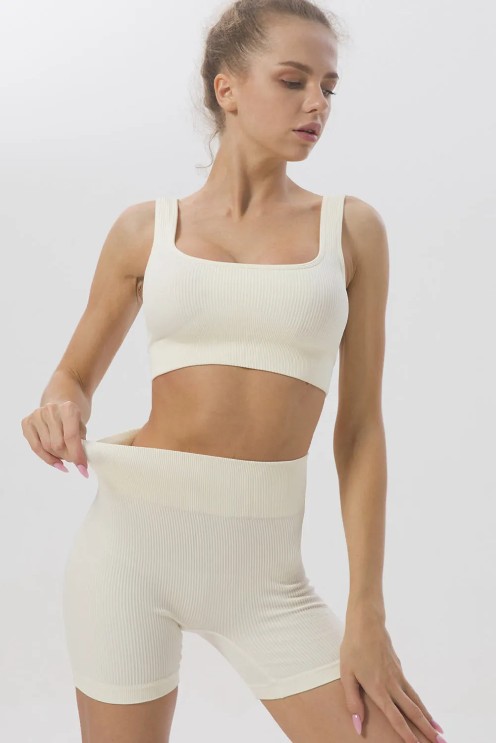 2pcs Solid Color Ribbed Knit Yoga Set