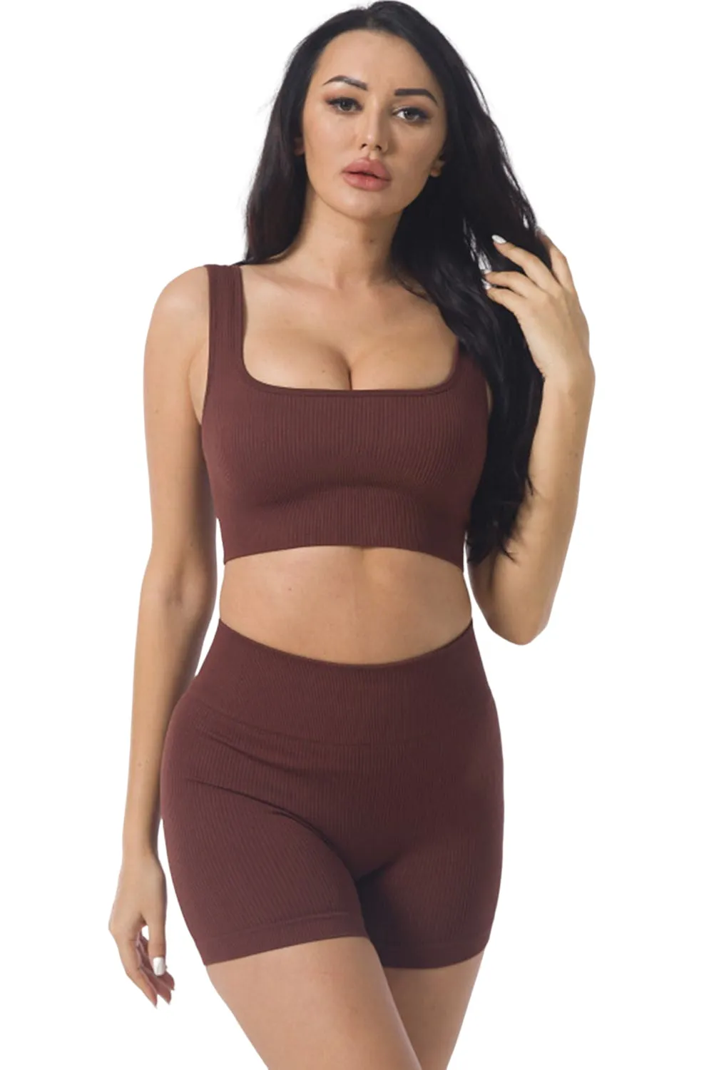 2pcs Solid Color Ribbed Knit Yoga Set