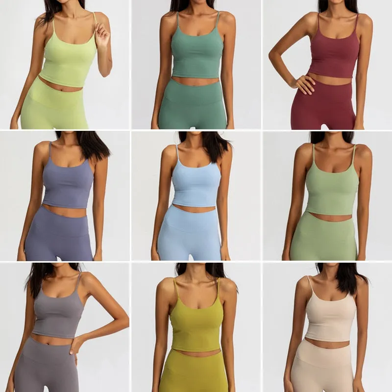 Buttery Soft Yoga Athletic Tank Top Spaghetti Straps Gym Fitness Crop Top Anti-sweat Push Up Workout Sports Bras