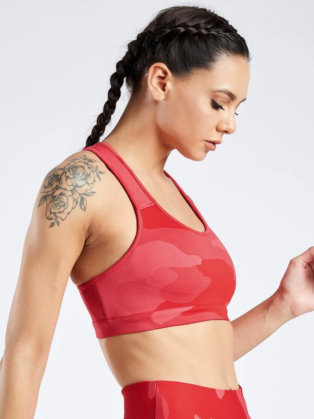 Creeluxe Camo Jacquard Cherry Red Sports Bra