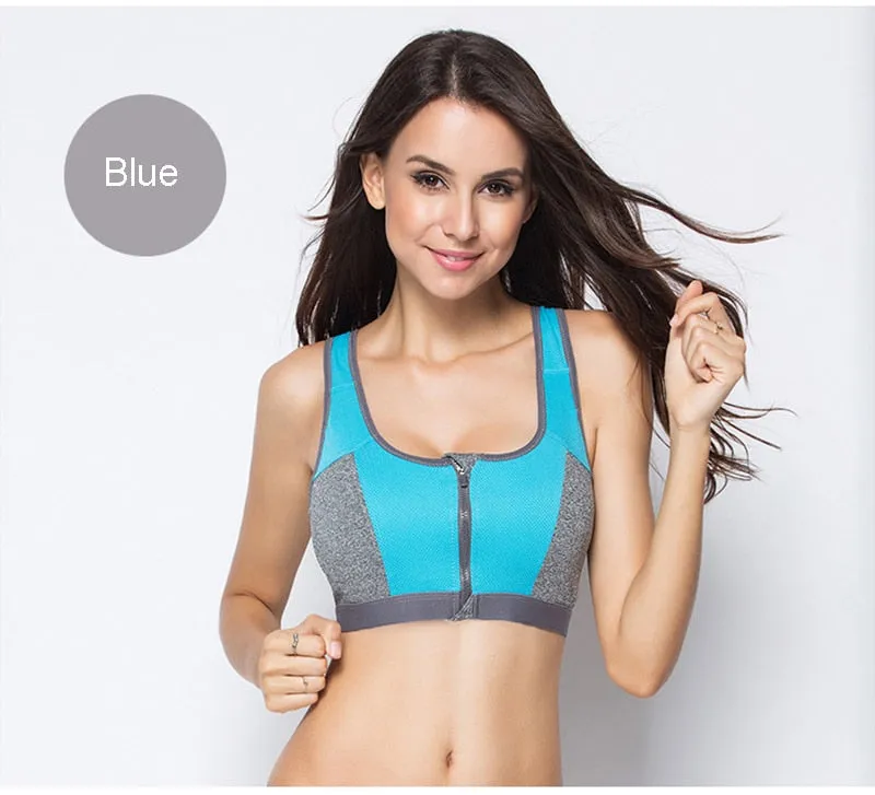 Double Layer Zipper Sports Bra Women Fitness Gym Yoga Bra Push Up Padded Sports Top Shockproof Running Sports Bra Top