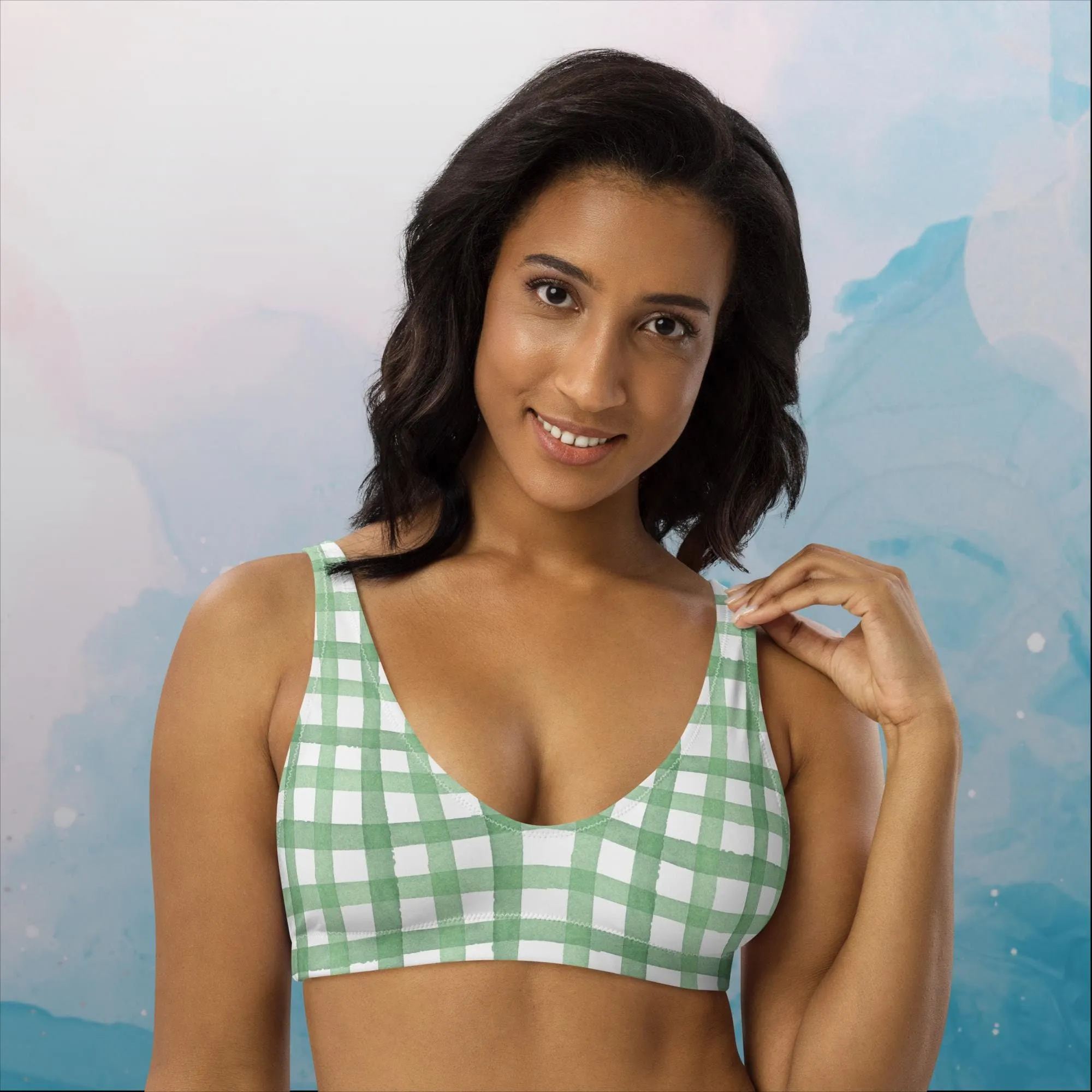 Green Gingham Print Womens Recycled Badded Bikini Bralette Top