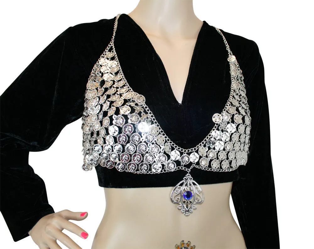 Hip Shakers Sexy Dangling Jewel Silver Coin Bra Top Performance Costume