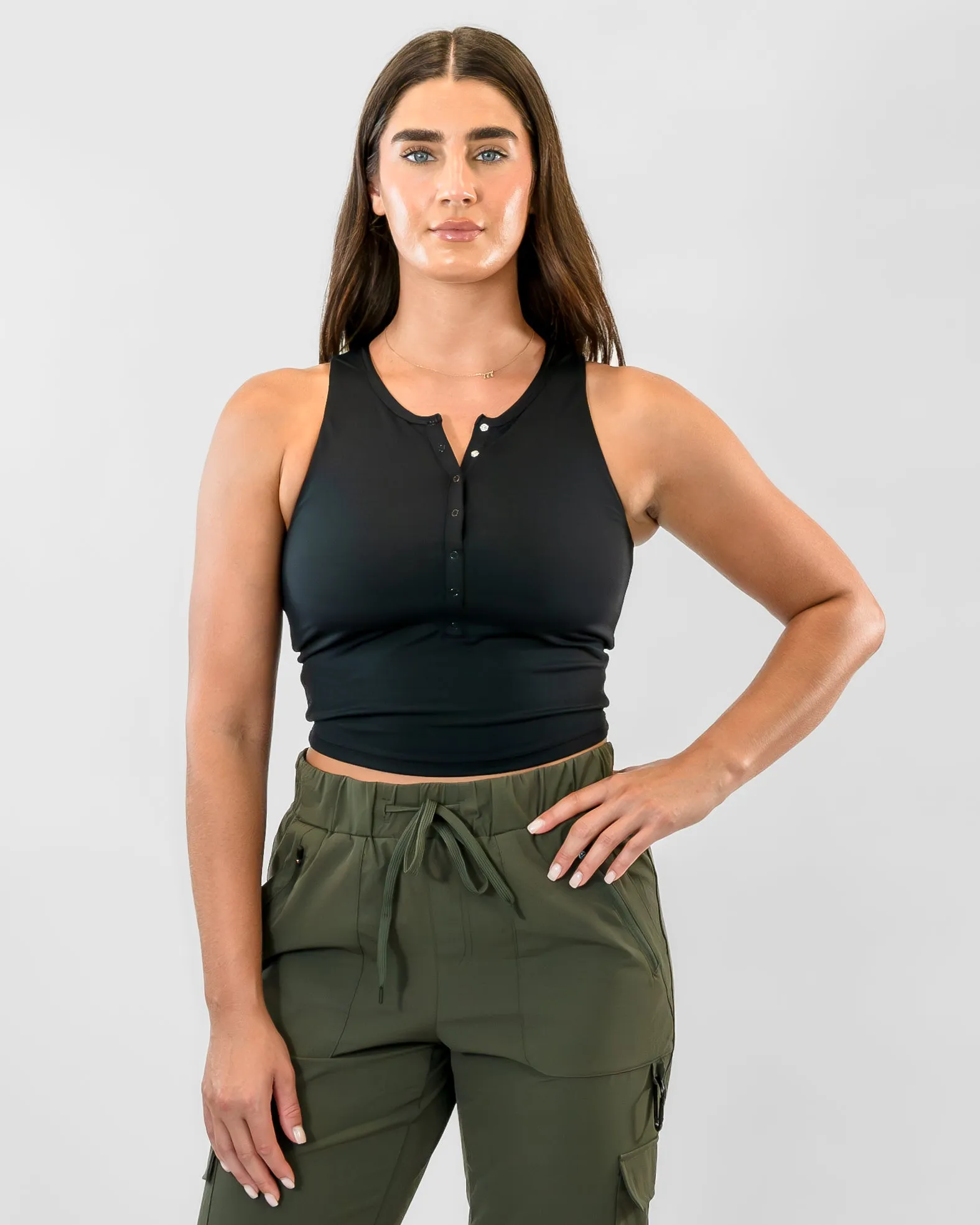 Lux Vinyasa Henley Crop Top - Black