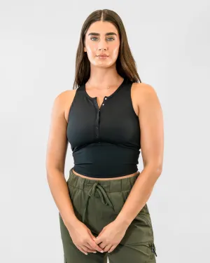 Lux Vinyasa Henley Crop Top - Black