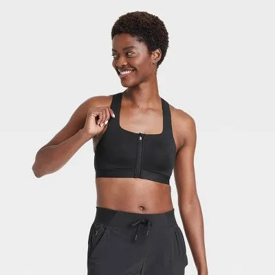 New - Women's High Support Sculpt Zip-Front Sports Bra - All in Motion Black 34C