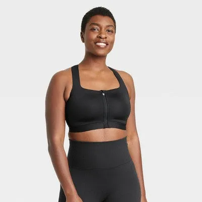 New - Women's High Support Sculpt Zip-Front Sports Bra - All in Motion Black 34C