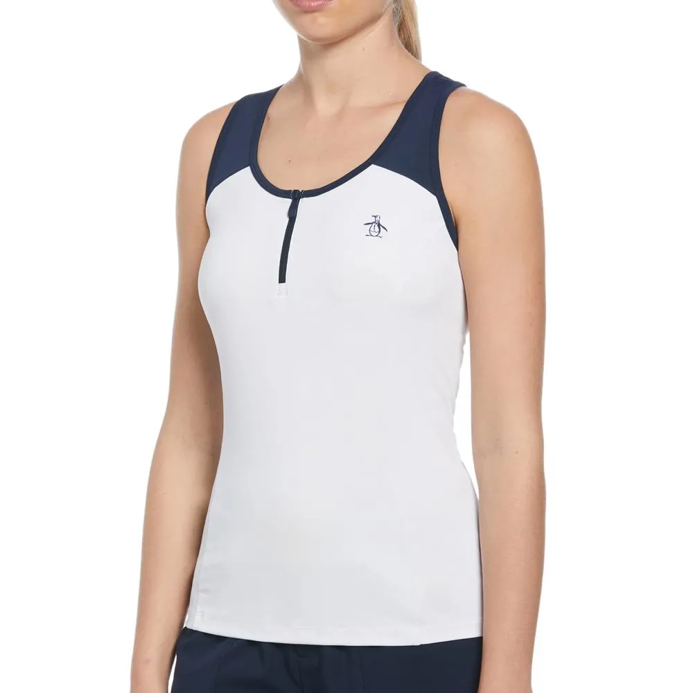 Penguin Women's Color Block Zip Tank - Bright White/Navy