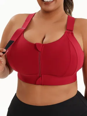 Plus Size Front Zip High Elasticity Sports Bra - Padded Yoga Bra with Adjustable Straps and Stylish Racerback Design