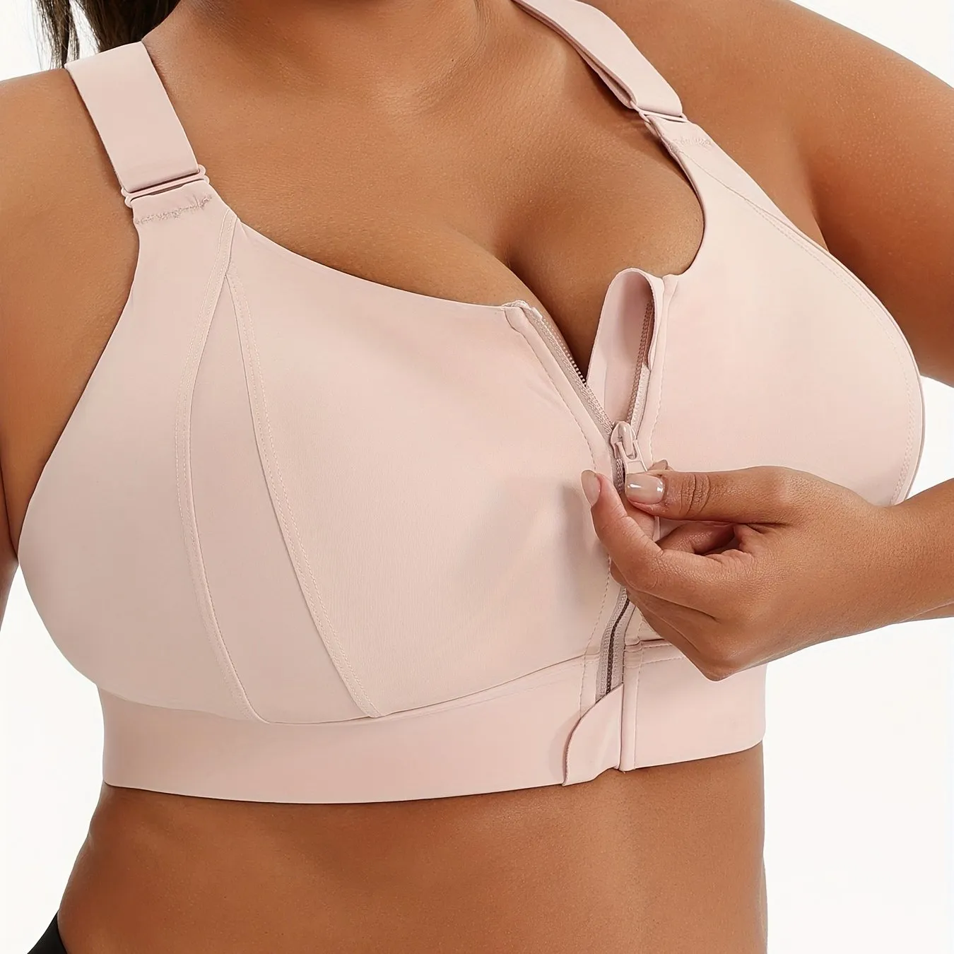 Plus Size Front Zip High Elasticity Sports Bra - Padded Yoga Bra with Adjustable Straps and Stylish Racerback Design