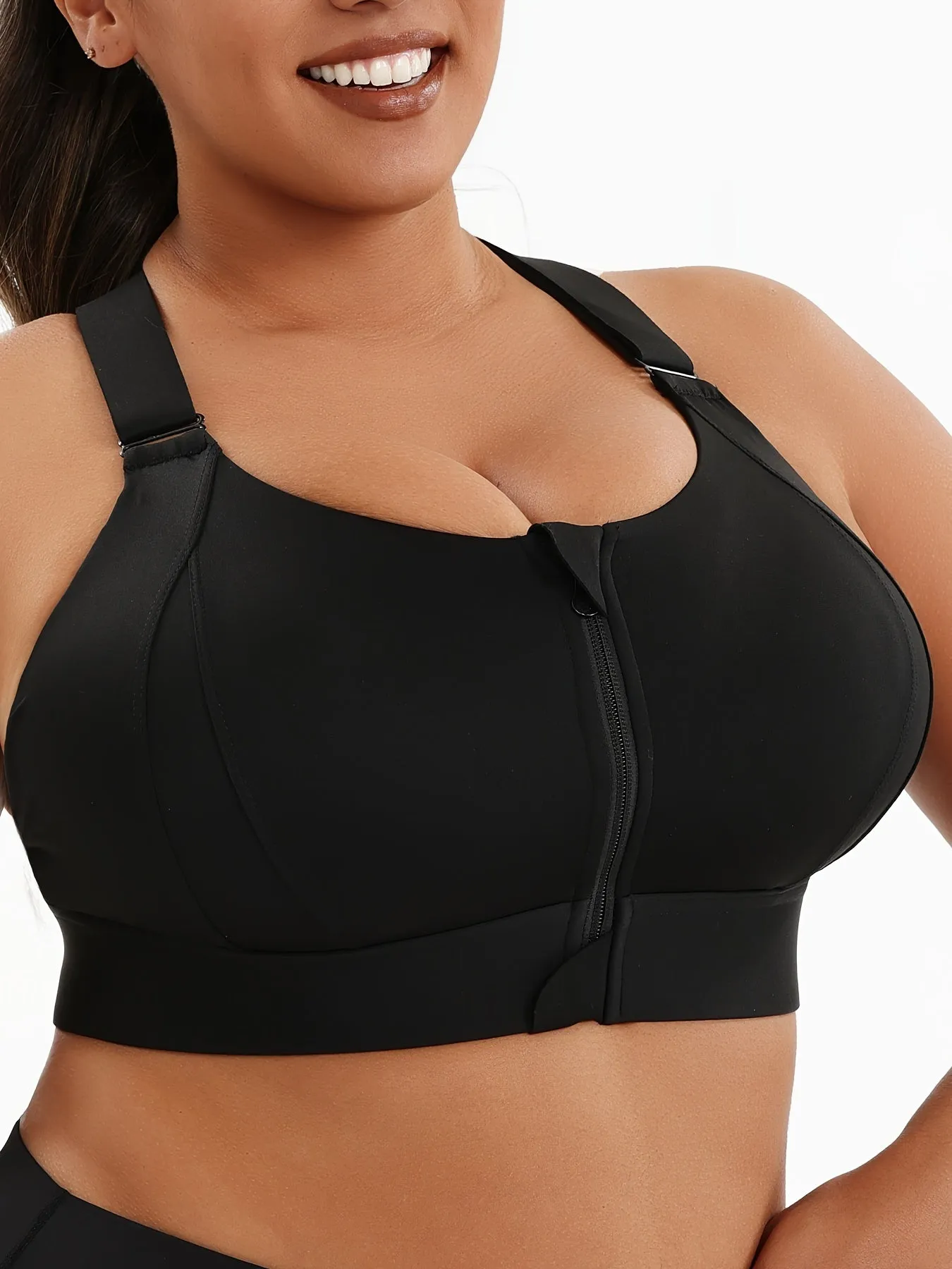 Plus Size Front Zip High Elasticity Sports Bra - Padded Yoga Bra with Adjustable Straps and Stylish Racerback Design