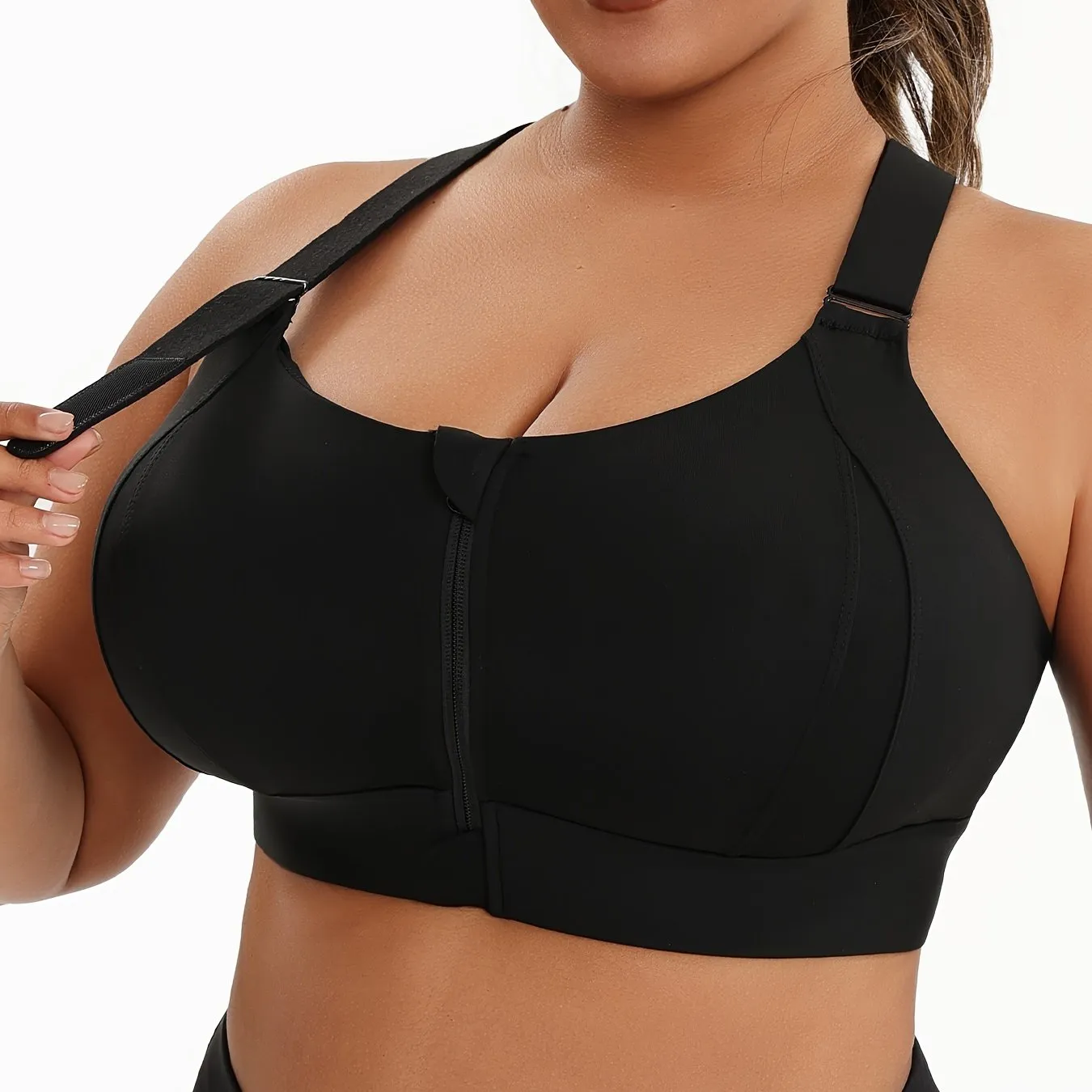 Plus Size Front Zip High Elasticity Sports Bra - Padded Yoga Bra with Adjustable Straps and Stylish Racerback Design