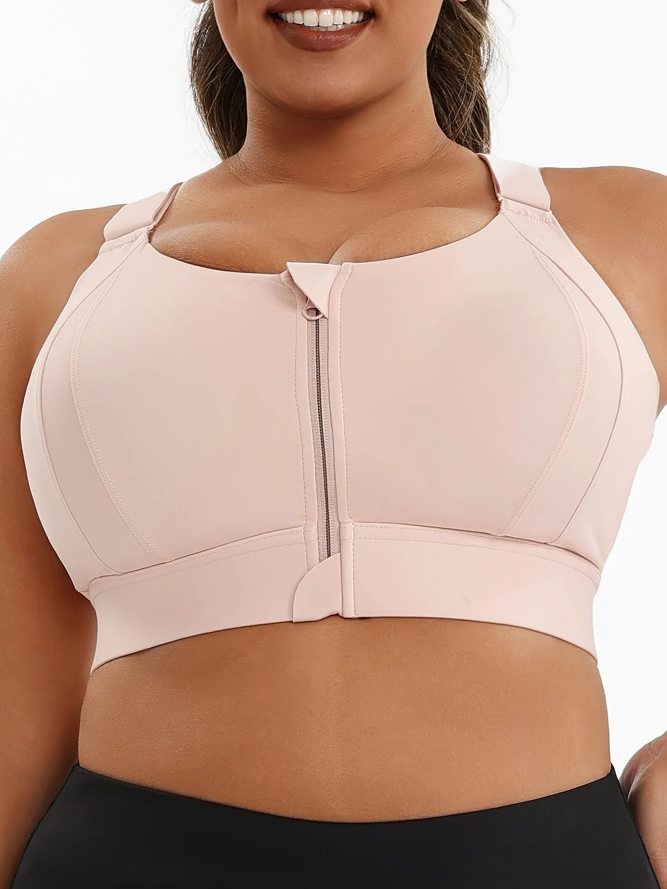 Plus Size Front Zip High Elasticity Sports Bra - Padded Yoga Bra with Adjustable Straps and Stylish Racerback Design