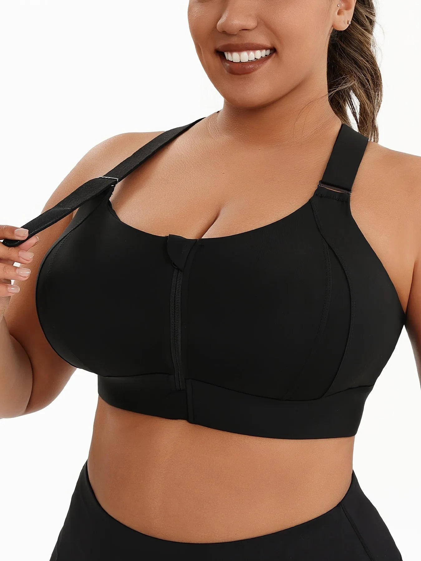 Plus Size Front Zip High Elasticity Sports Bra - Padded Yoga Bra with Adjustable Straps and Stylish Racerback Design