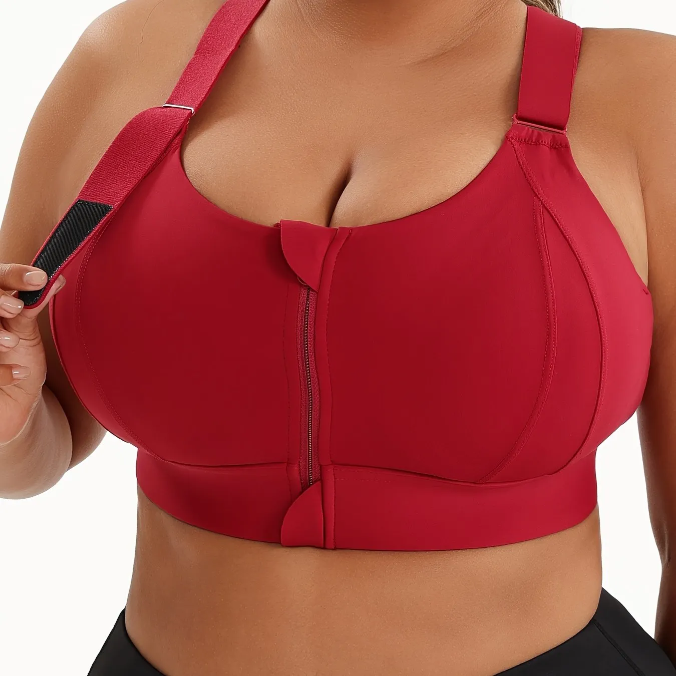 Plus Size Front Zip High Elasticity Sports Bra - Padded Yoga Bra with Adjustable Straps and Stylish Racerback Design