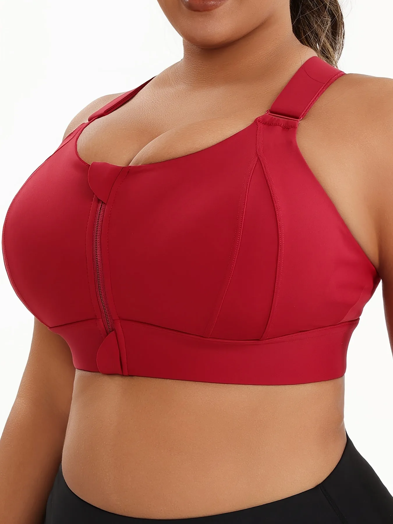 Plus Size Front Zip High Elasticity Sports Bra - Padded Yoga Bra with Adjustable Straps and Stylish Racerback Design