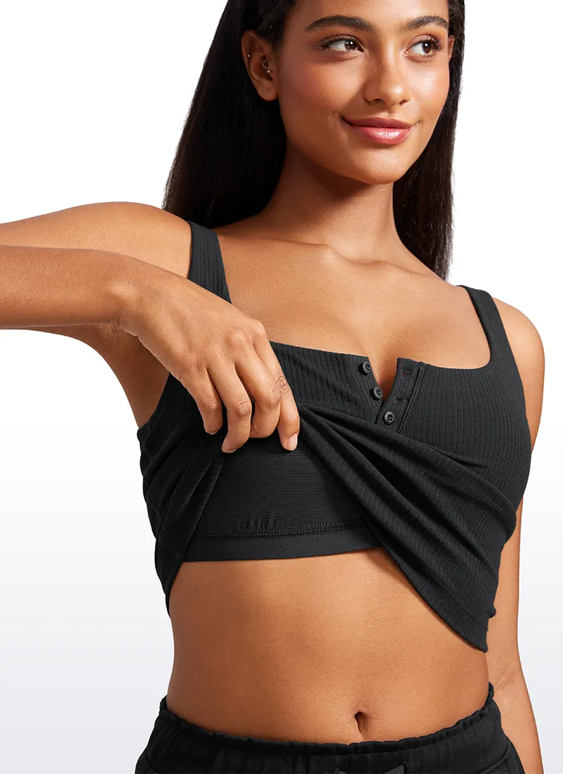 Ribbed Henley Neck Build-in Bra Tanks