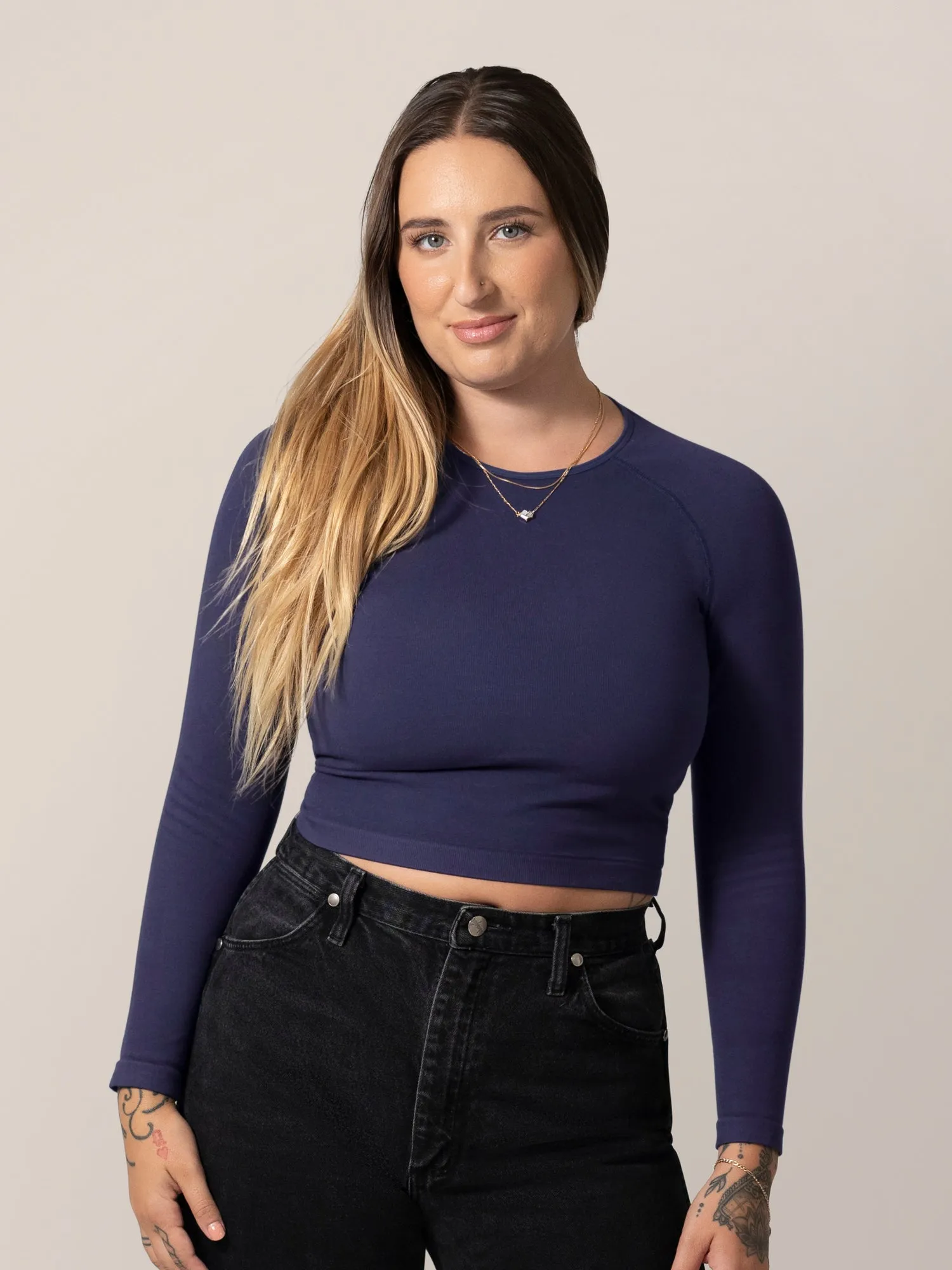 Sublime® Bamboo Maternity & Nursing Cropped Long Sleeve Top | Navy