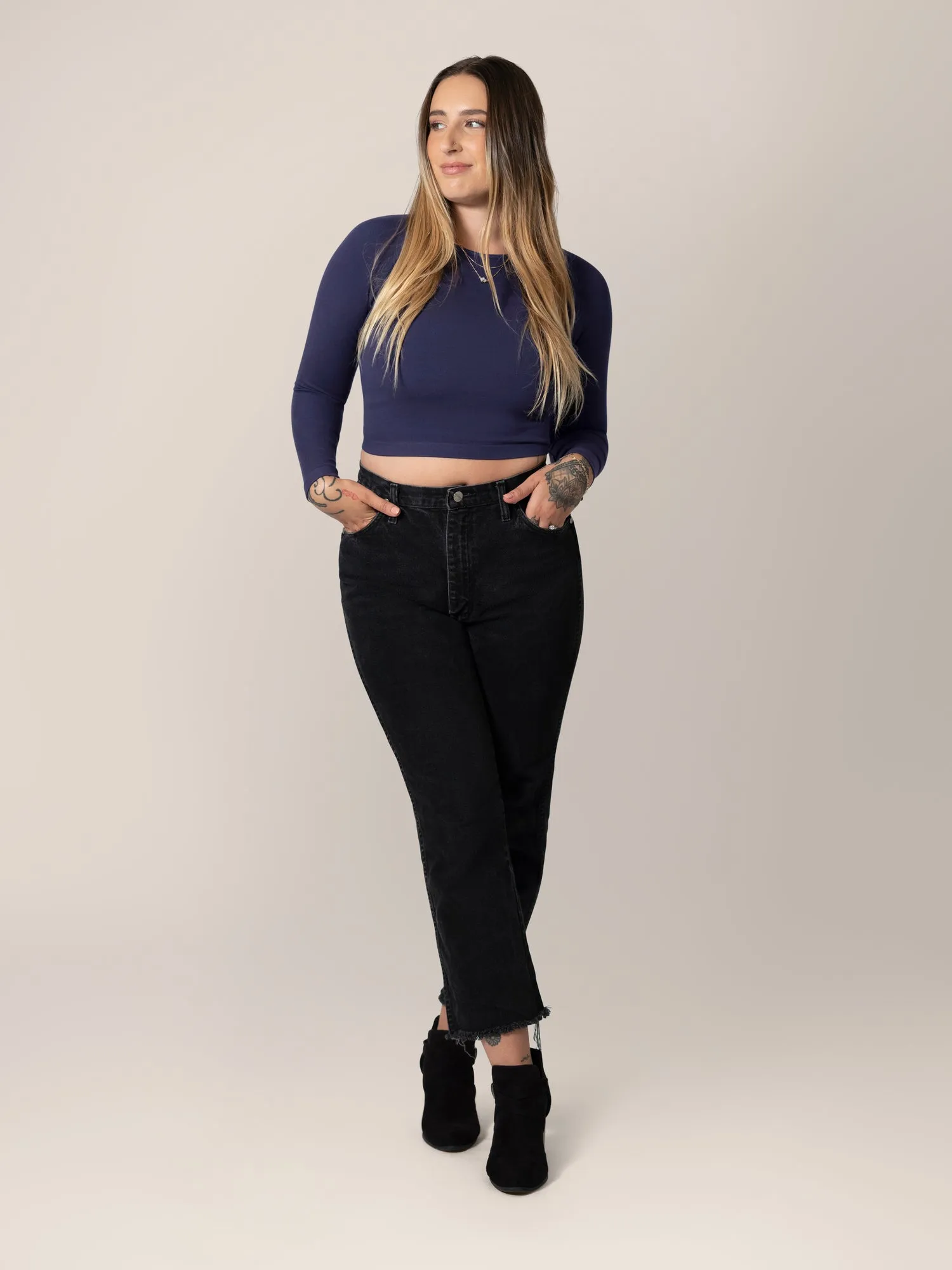 Sublime® Bamboo Maternity & Nursing Cropped Long Sleeve Top | Navy