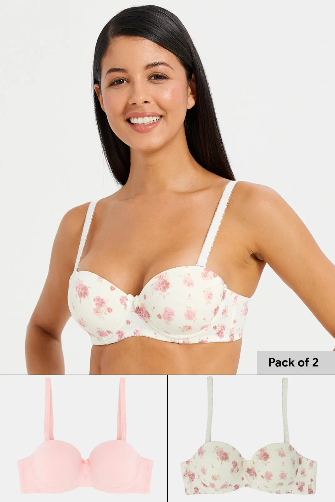 Women Pink And Beige Print Padded Balconette Bras (Pack of 2)