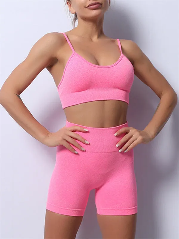 Women's Solid Color Seamless Camisole Yoga Sports Bra   Shorts Two-Piece Set