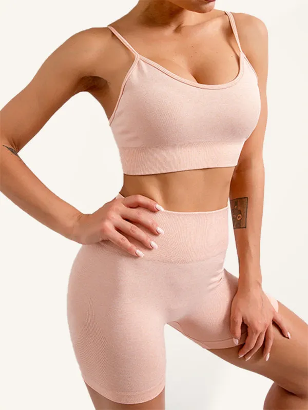 Women's Solid Color Seamless Camisole Yoga Sports Bra   Shorts Two-Piece Set