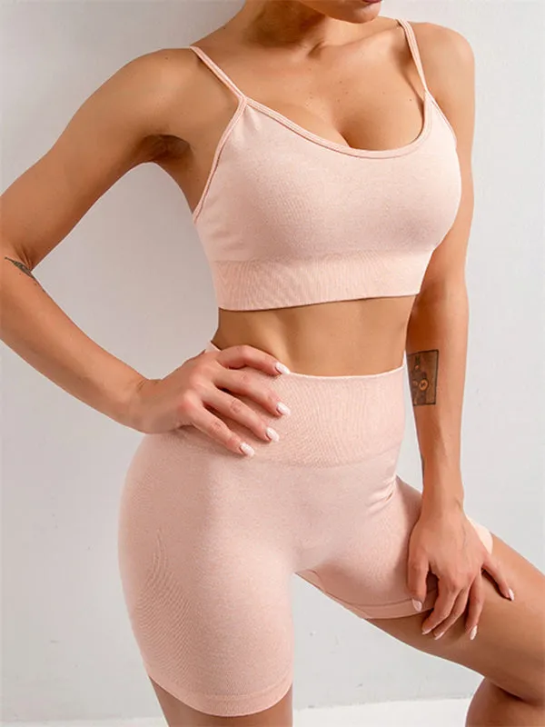 Women's Solid Color Seamless Camisole Yoga Sports Bra   Shorts Two-Piece Set