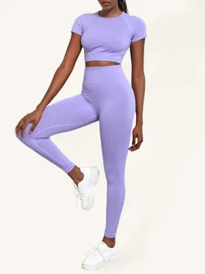 Women's Solid Color Seamless Exercise Yoga Short Sleeve   Pants Two-Piece Suit