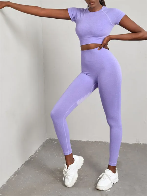 Women's Solid Color Seamless Exercise Yoga Short Sleeve   Pants Two-Piece Suit