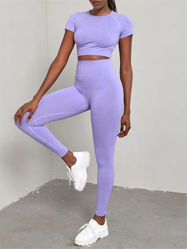 Women's Solid Color Seamless Exercise Yoga Short Sleeve   Pants Two-Piece Suit